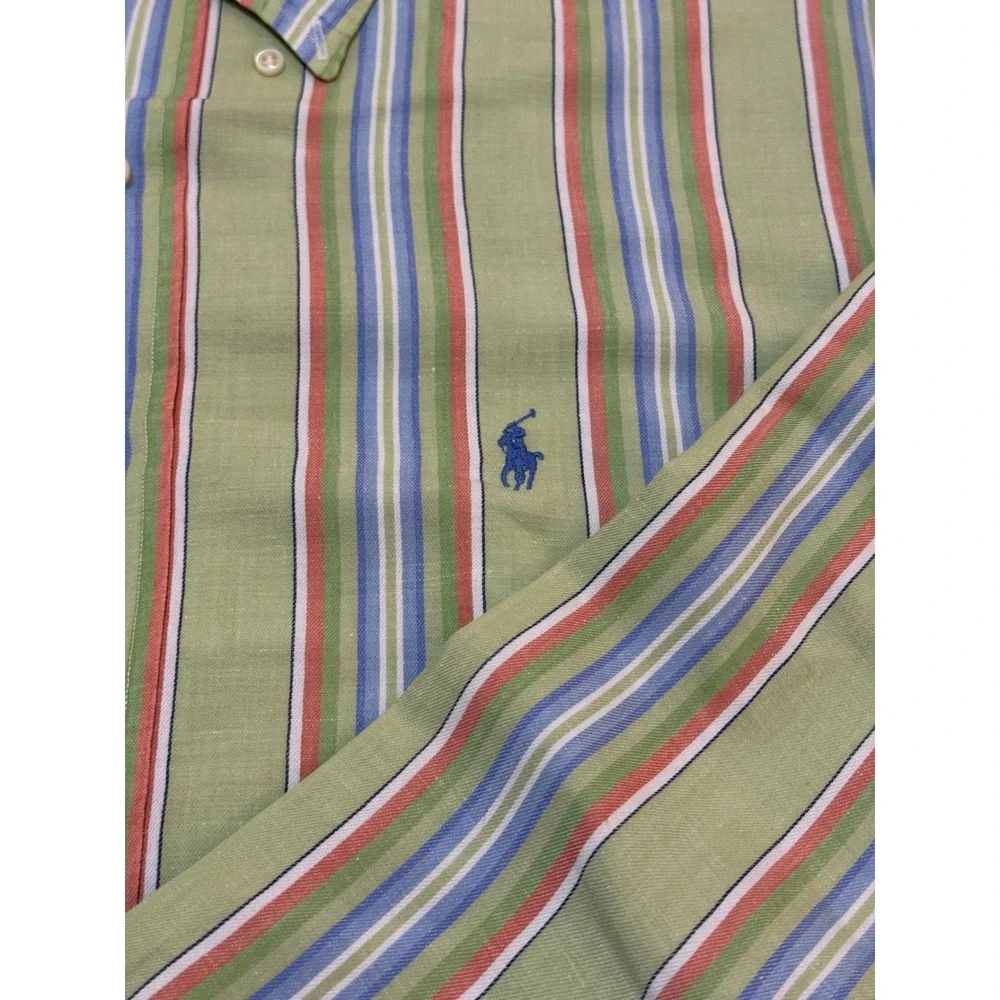 Polo Ralph Lauren Mens Classic Fit Linen Cotton Striped Shirt Green Large L
